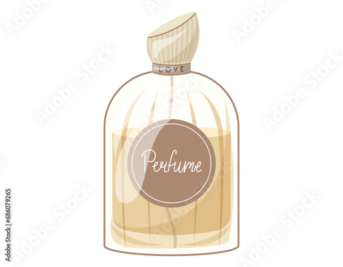 Glass elegant bottle of fragrant perfume. Vector isolated cartoon yellow eau de parfum.