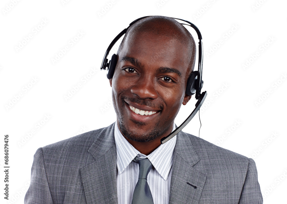 Call center, portrait and black man with smile for customer service, IT support and CRM questions isolated on transparent png background. Telemarketing salesman, telecom and microphone for consulting Call center, portrait and black man with smile for customer service, IT support and CRM questions isolated on transparent png background. Telemarketing salesman, telecom and microphone for consulting