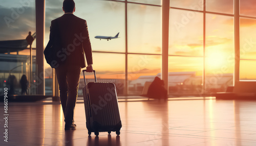 Man going on a business trip at the airport, business concept photo