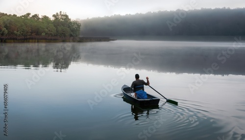 Fog over the lake. In calm water reflection mirror