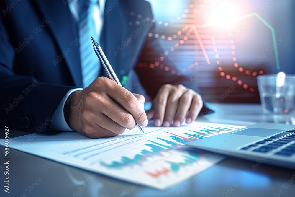 Businessman Analyzing Data Company Growth Projection Long Term Growth Strategy Businessman Analyzing Data Company Growth Projection Long Term Growth Strategy