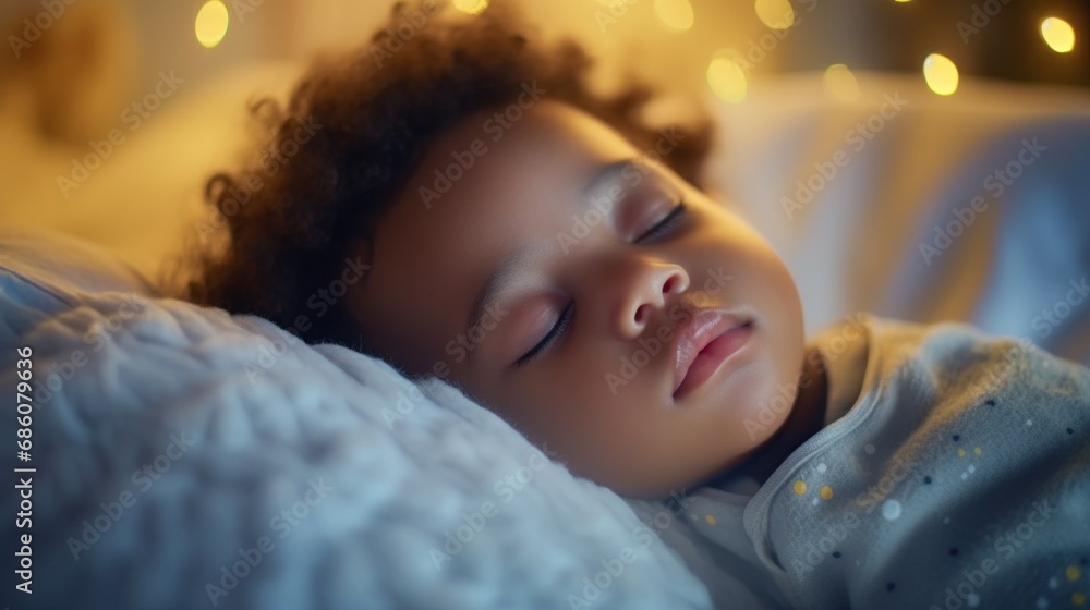 A sweet scene depicts a baby peacefully napping in a warm bed in their room. A sweet scene depicts a baby peacefully napping in a warm bed in their room.