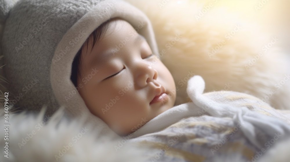 A peaceful baby rests in a snug bed in a child's room. A peaceful baby rests in a snug bed in a child's room.