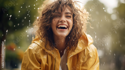 young beautiful joyful woman in a yellow raincoat in the rain, cheerful girl, happy face, spring, shower, walk, street, emotional portrait, expression, water, drops, splashes © Julia Zarubina