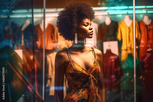 Afro gorgeous female model posing on clothing store window. Glamorous charming woman fashion industry. Generate ai