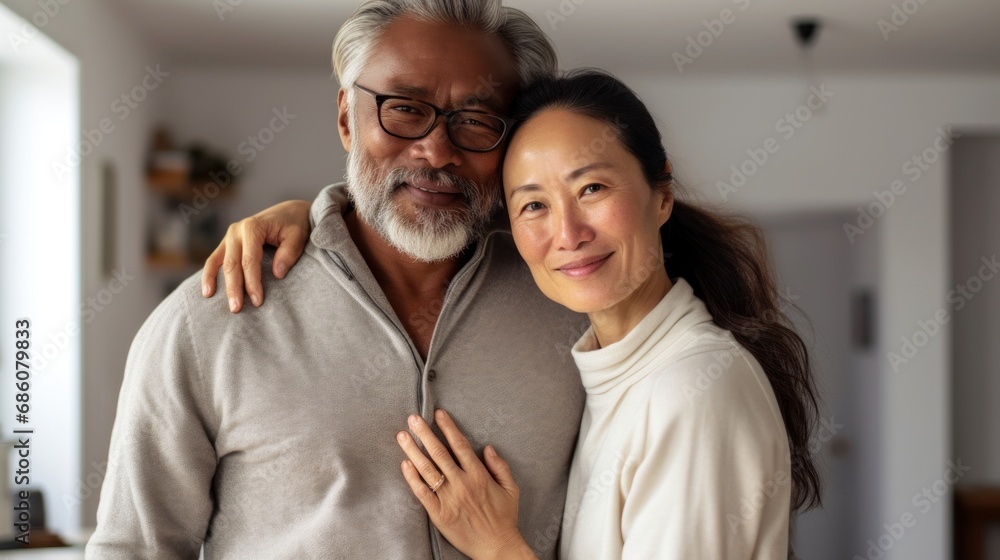 Timeless love on display as a 50-year-old European couple embraces in their home. Timeless love on display as a 50-year-old European couple embraces in their home.