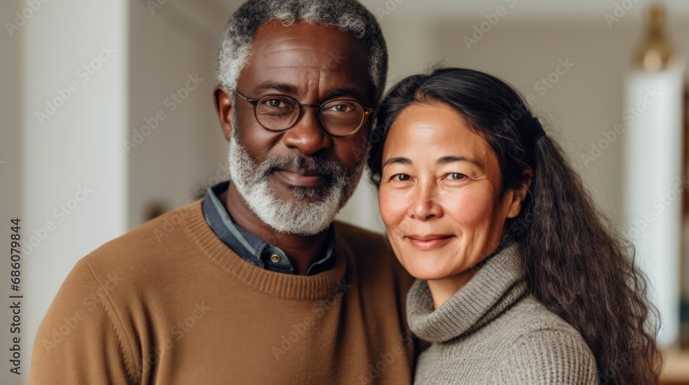 Timeless love on display as a 50-year-old European couple embraces in their home. Timeless love on display as a 50-year-old European couple embraces in their home.