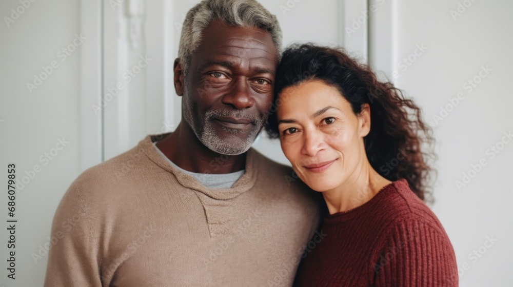 European couple in their 50s cherishes an embrace at home. European couple in their 50s cherishes an embrace at home.