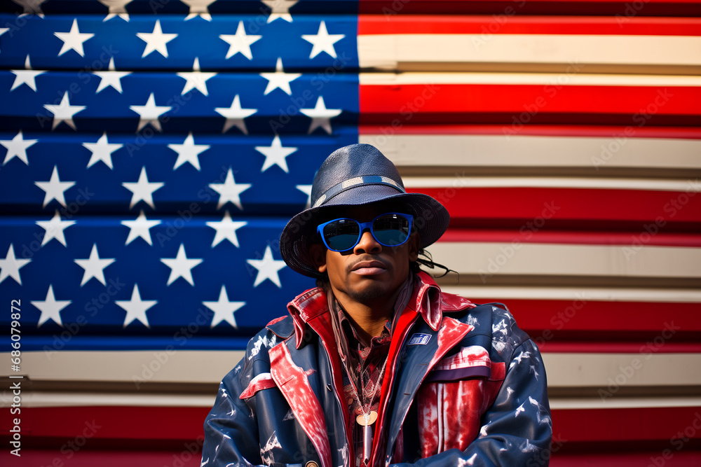 a typical, stereotypical American citizen, background with the colors of the American flag a typical, stereotypical American citizen, background with the colors of the American flag