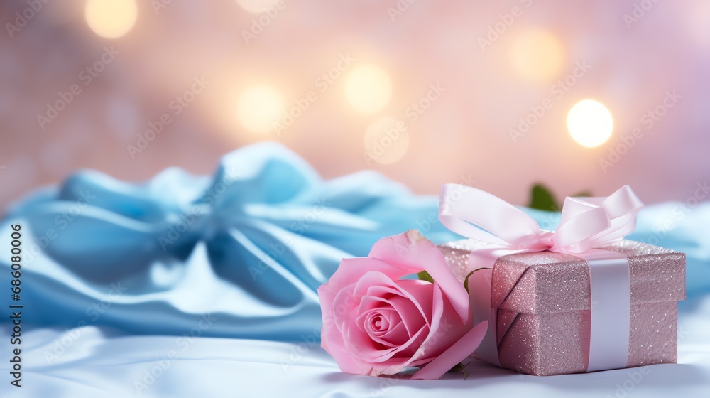 Pink rose and a blue gift box with white bow. Happy Valentine's Day greeting card concept. AI generated image Pink rose and a blue gift box with white bow. Happy Valentine's Day greeting card concept. AI generated image