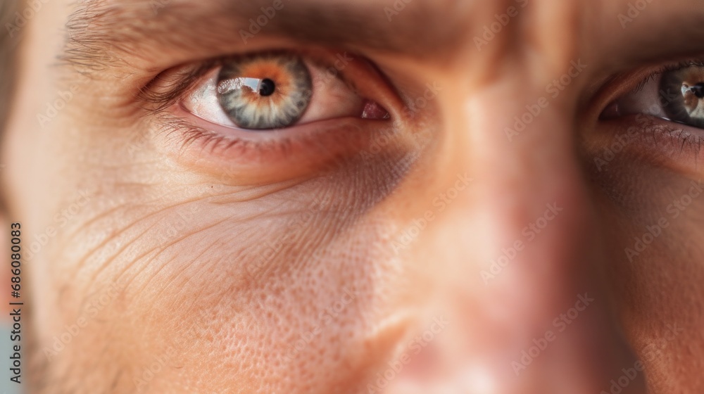A tight frame capturing the man's eyes in striking detail. A tight frame capturing the man's eyes in striking detail.