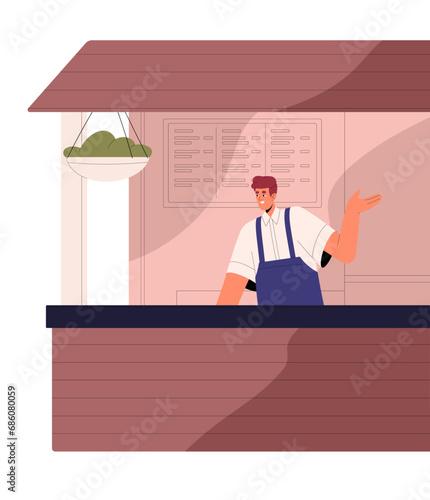 Coffee shop worker in apron communicate with visitors. Cafe employee standing behind the counter, takes orders, sells food. Young man works in coffeehouse kiosk. Flat isolated vector illustration