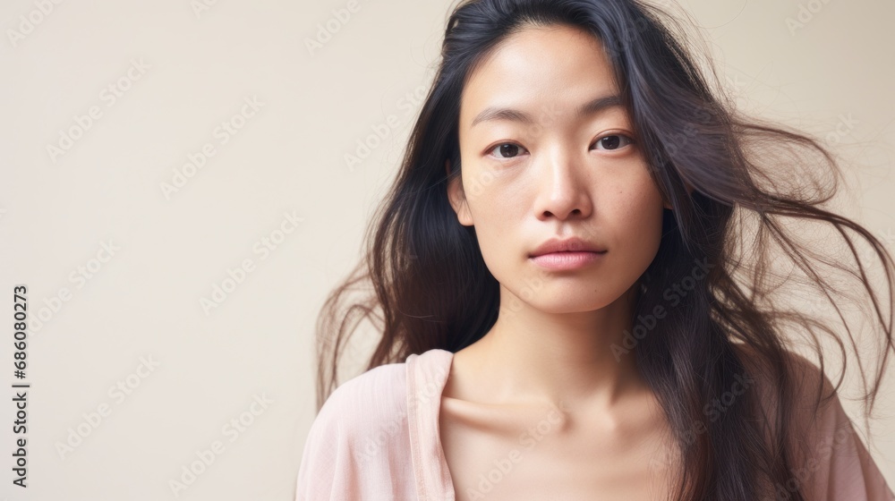 Imperfect skin adds authenticity to the closeup portrait of an Asian woman. Imperfect skin adds authenticity to the closeup portrait of an Asian woman.