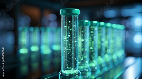 Futuristic Laboratory Elegance: Glowing Test Tubes Line the Shelves in Scientific Innovation Hub