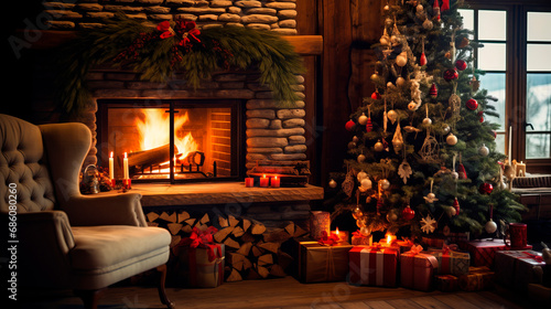 Christmas cozy interior with holiday boxes, tree and fireplace
