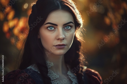 Beautiful lady with cold gaze. Brunette woman portrait posing in autumnal nature. Generate ai