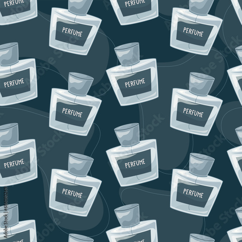 Glass elegant bottle of fragrant perfume. Vector seamless pattern, cartoon blue eau de parfum.