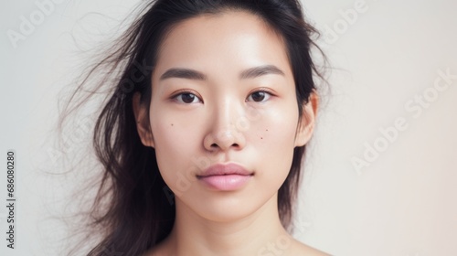 An Asian woman's closeup reveals authenticity through her imperfect skin.