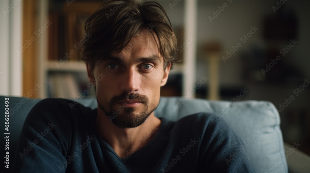 Casual man in a cozy armchair within a modern Nordic setting. Casual man in a cozy armchair within a modern Nordic setting.