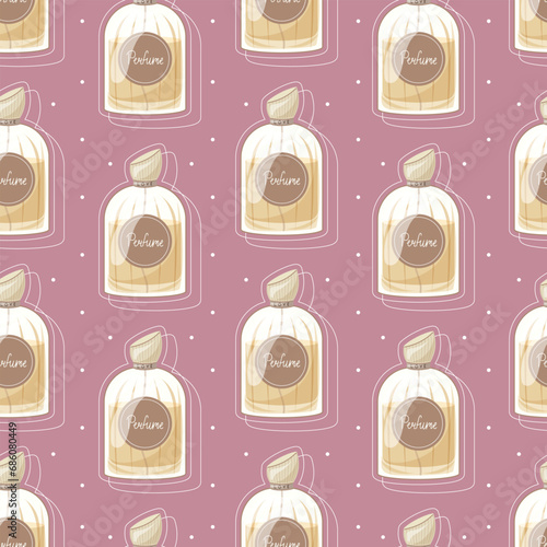 Glass elegant bottle of fragrant perfume. Vector seamless pattern, cartoon yellow eau de parfum.
