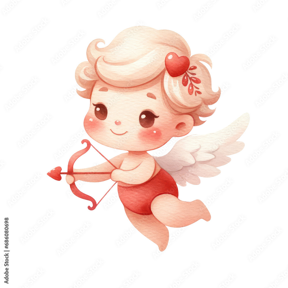 Fototapeta premium Cartoon angels with hearts gifts and cupid arrows. Valentine cupids collection rainbow and love balloon clipart