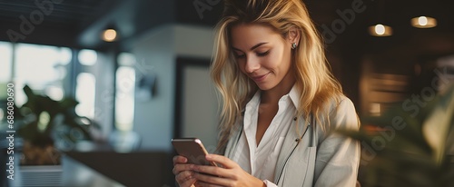 beautiful businesswoman entrepreneur holding smartphone reading messages on cellphone in office. generative AI