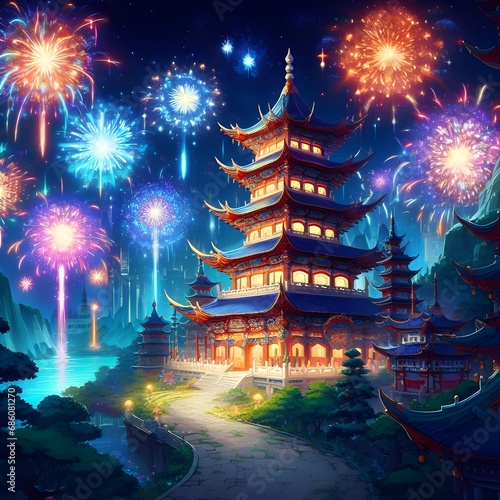 Lunar New Year imagery of a fantasy Chinese pagoda beneath colorful Spring Festival fireworks at night.