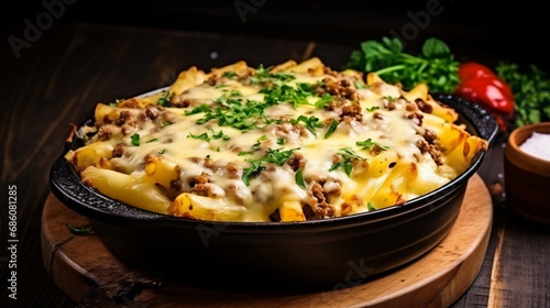 Pasta penne with minced meat cheese