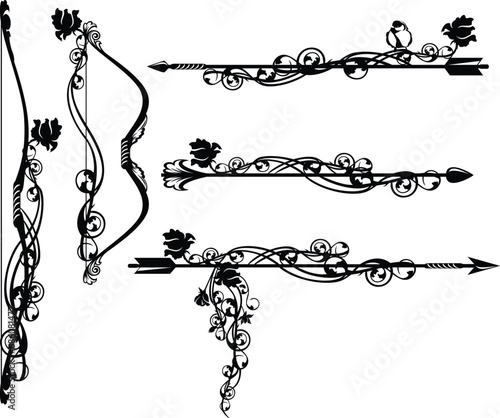 fantasy archer bow and arrows with rose flowers and sitting bird black and white vector design set