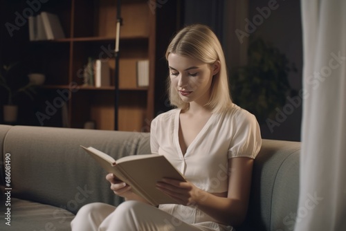 Blonde woman sitting on couch and reading a book. Female leisure reading time in living room. Generate ai