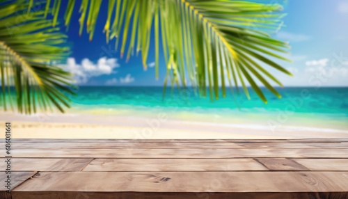 Empty wooden table and palm leaves