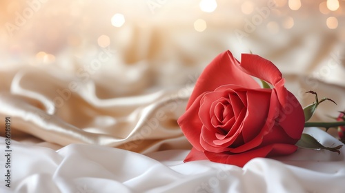 Red rose on the silk bedsheet. Happy Valentine s Day greeting card concept. AI generated image