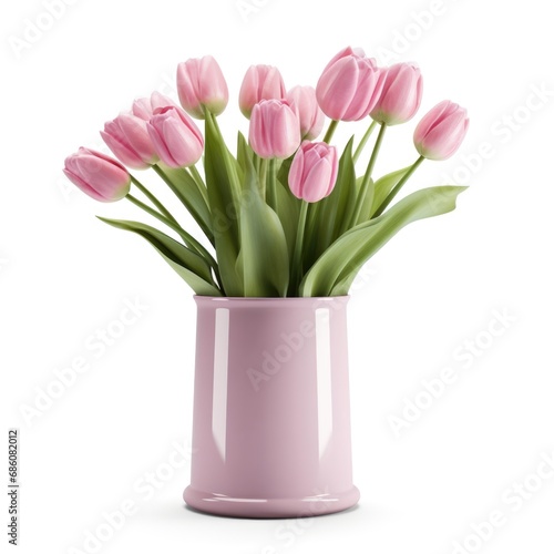 A pink vase filled with pink tulips on a white background