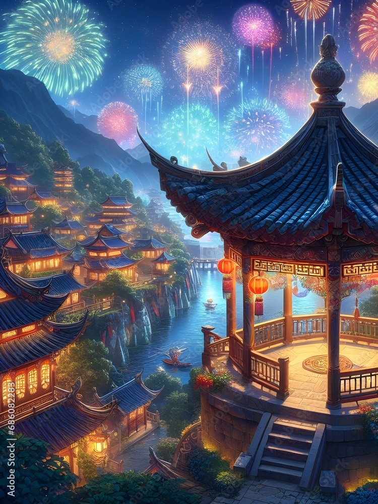 A gazebo overlooking a fantasy Chinese town beneath colorful Spring Festival fireworks at night. Lunar New Year imagery. - obrazy, fototapety, plakaty 