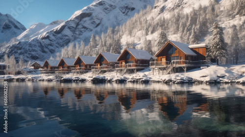 wooden huts on the shore of a lake in the snowy mountains