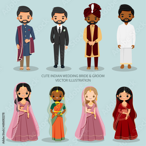 vector illustration of a cute Indian couple in the wedding outfit. 