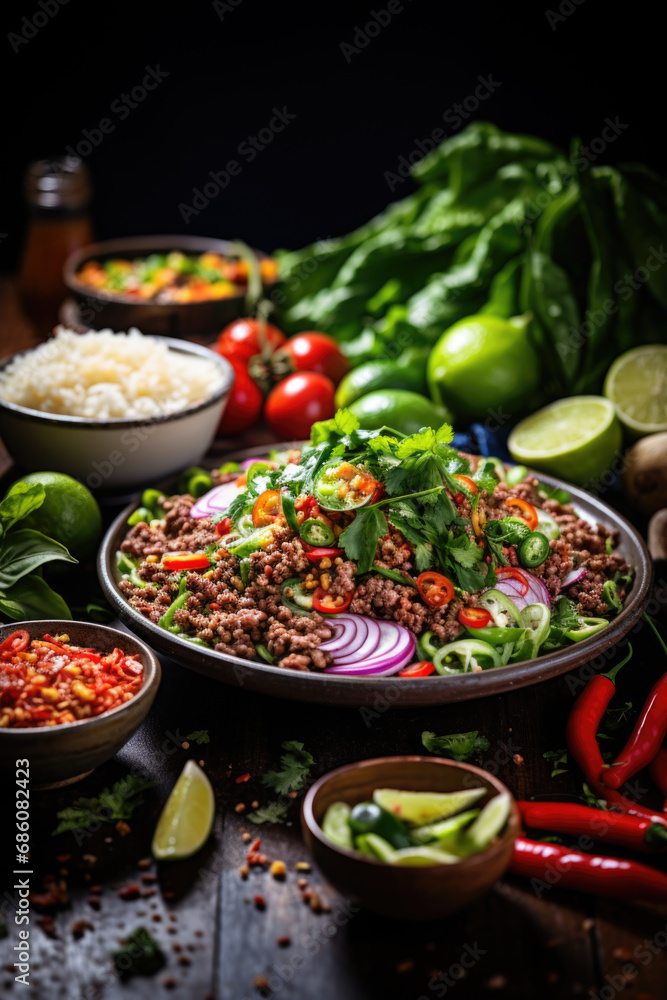 Larb Salad surrounded by its ingredients on wooden table shoot from above. Larb Salad surrounded by its ingredients on wooden table shoot from above.