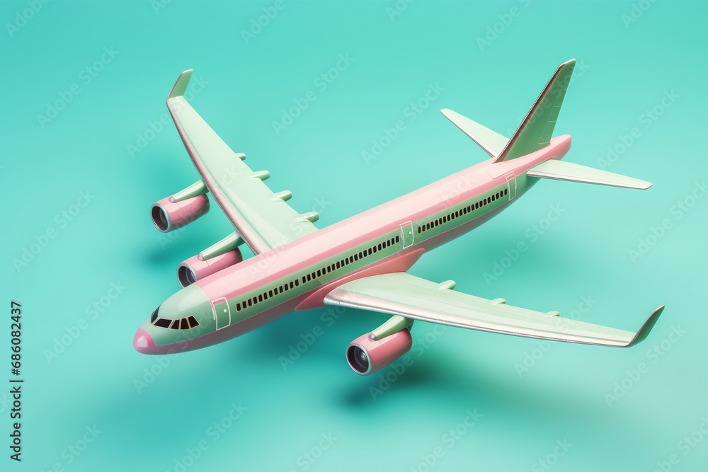 Passenger plane model isolated on light turquoise background with space for text.generative ai