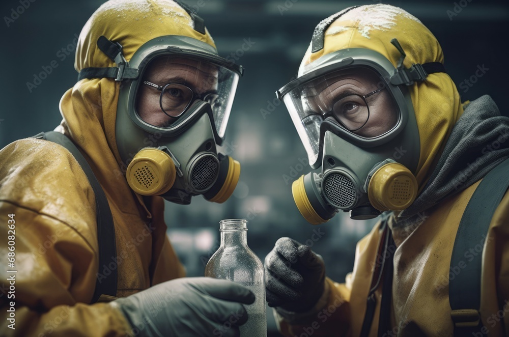 People protective suits. Qualified workers with protective yellow masks. Generate AI People protective suits. Qualified workers with protective yellow masks. Generate AI