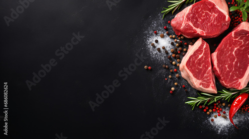 Raw meat steaks with spices