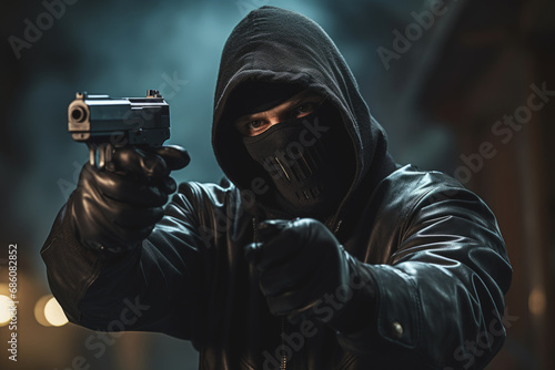 Attacker with a gun in his hand pointing at someone wearing a black mask and a hooded jacket, front view. Theme of robbery or assault.generative ai
 photo
