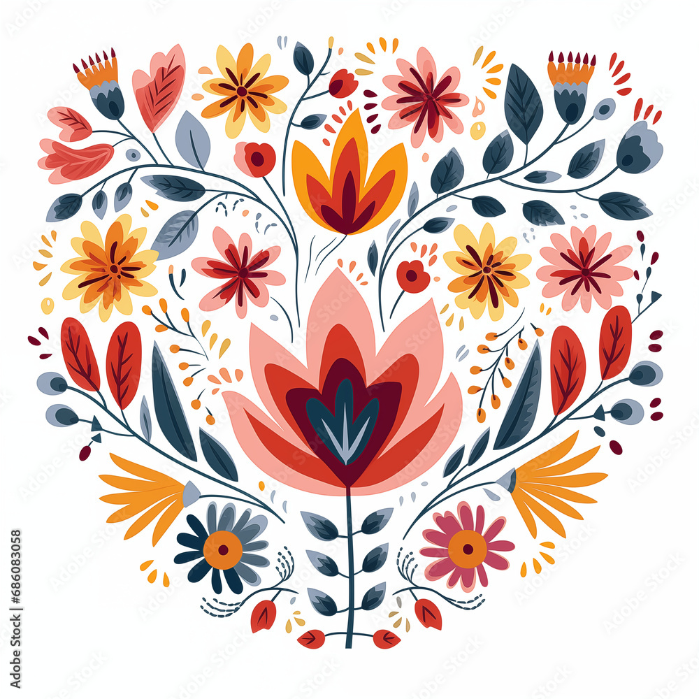 illustration of flower on white background, pattern colorful flower, fresh, romantic pattern, symmetry, heart of flower, classic, art, valentine