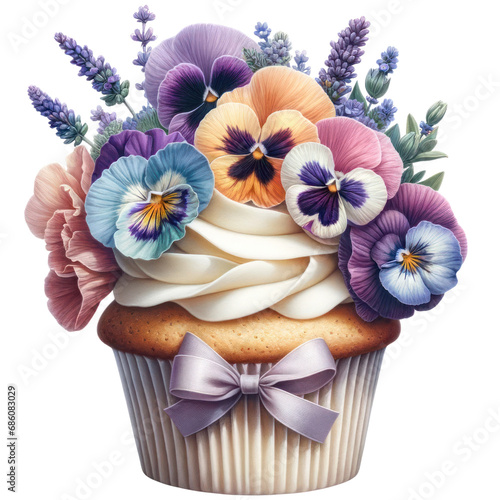 Watercolor Floral Cupcake with flowers of spring illustration cut out transparent isolated on white background  PNG file