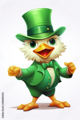 A cartoon bird dressed in a green suit and hat