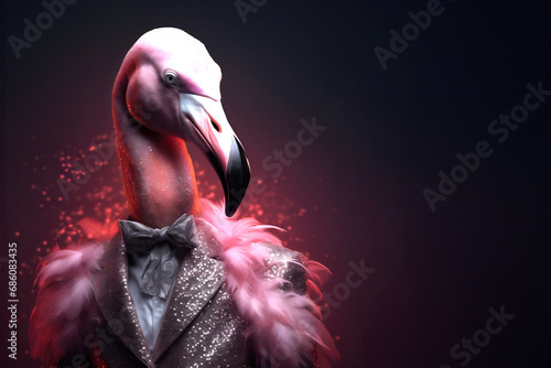Creative animal concept. Flamingo bird in disco neon glitter glam shiny glow sequin outfit, copy text space. commercial, editorial advertisement party invitation invite, surreal surrealism