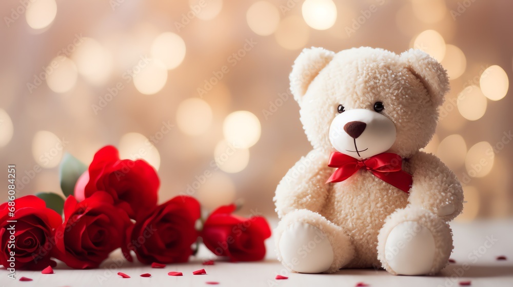 Super cute Teddy bear toy with red roses. Happy Valentine's day greeting card concept. AI generated image Super cute Teddy bear toy with red roses. Happy Valentine's day greeting card concept. AI generated image