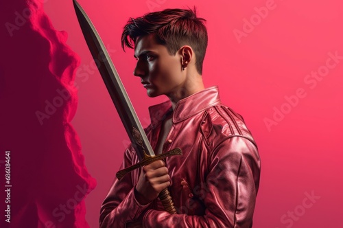 Serious man with sword weapon rose armor. Pinkish legendary blade bearer armorial warrior. Generate ai