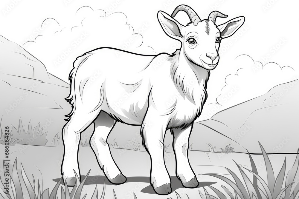 Fototapeta premium Goat on white background, illustration. Coloring page. Generative AI