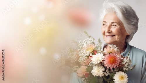 elderly woman with bouquet of flowers, valentine's day concept