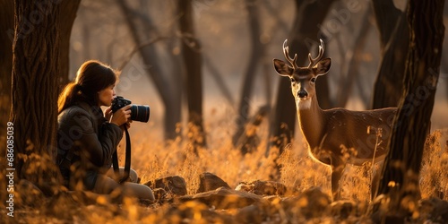 Photographer taking photo of wildlife, man with camera and deer in the nature photo